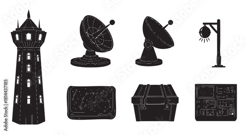 Set of black silhouette icons featuring an observation tower, satellite dishes, a celestial navigation device, a street lamp, and various electronic equipment
