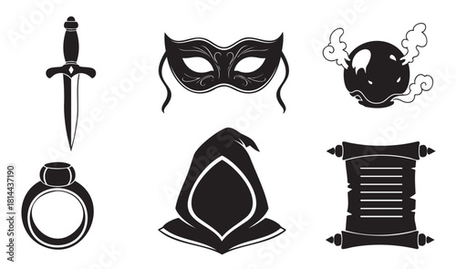 Collection of black silhouette icons for a fantasy or mystery theme, featuring a dagger, masquerade mask, hooded figure, magic ring, ancient scroll, and full mo