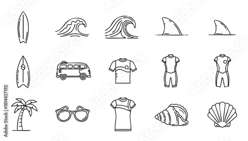 Collection of minimalist black line art icons representing surfing and beach culture, including a surfboard, wave, palm tree, and retro van