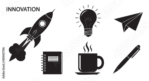 Set of black and white icons representing innovation, creativity, and startup concepts like a rocket, lightbulb, and paper plane