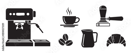 Minimalist vector icon set for a coffee shop or cafe, featuring a coffee maker, hot beverage, barista tools, beans, and a pastry against a clean white backdrop