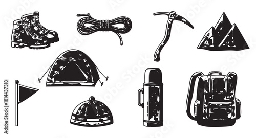 Vintage black and white icon set of hiking and alpinism gear, with a tent, backpack, rope, and mountains, presented in a hand-drawn woodcut style