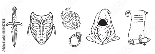 Set of hand-drawn fantasy role-playing game icons including a dagger, mask, magic orb, ring, hooded figure, and scroll