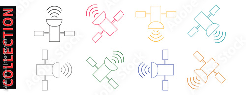 Communication Technology Satellite Outline Icons Collection, Diverse Colors Line Art Symbols for Global Broadcasting and Connectivity