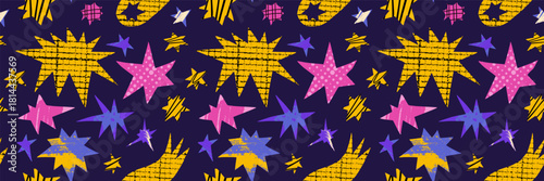 Abstract burst pattern with paper cut stars and irregular collage shapes.
