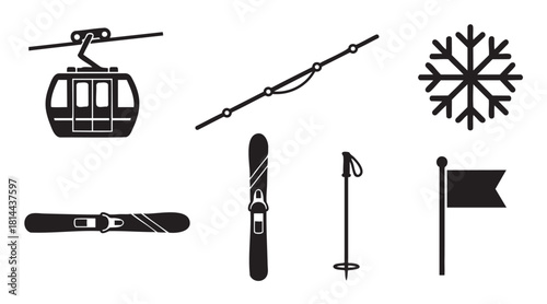 Set of black silhouette vector icons for winter sports and skiing, including a gondola, ski lift, skis, pole, snowflake, and a flag