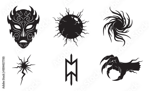 Vector illustration set of various dark fantasy and mythological symbols, including a tribal mask, monster claw, ancient rune, and magical vortex