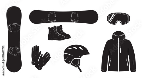 Vector illustration set of essential snowboarding gear shown as black silhouettes, featuring a board, boots, helmet, goggles, and jacket