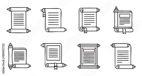 Collection of ancient scroll and parchment icons in a black and white line art style
