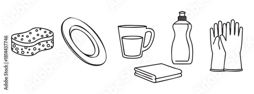 Set of black and white line art icons for dishwashing and kitchen cleaning, including a sponge, plate, mug, detergent, cloth, and rubber gloves