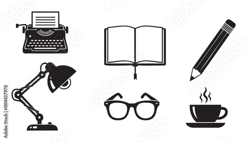 Set of black silhouette icons for a writer, author, or student, featuring a vintage typewriter, open book, pencil, desk lamp, glasses, and coffee