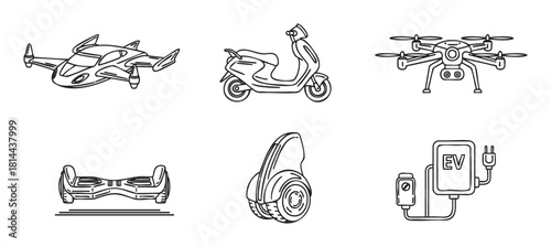 Collection of minimalist line icons illustrating future urban transport and technology, including a flying car, electric scooter, drone, hoverboard, and an EV charging station