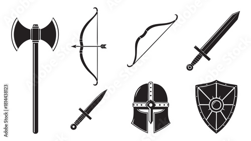 Collection of black vector icons depicting medieval warrior equipment, including a sword, axe, bow, arrow, shield, and helmet