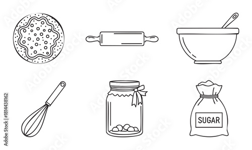Set of hand-drawn baking and cooking icons including a pie, rolling pin, mixing bowl, whisk, jar of cookies, and sugar sack