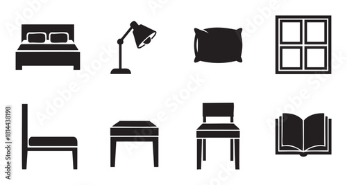 Vector icon set of common bedroom and living room objects, featuring a bed, lamp, chair, and book in a clean, modern black and white graphic style on an