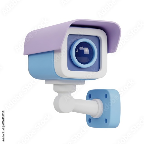 A 3d rendered security camera with a blue and purple casing mounted on a white bracket against a black background