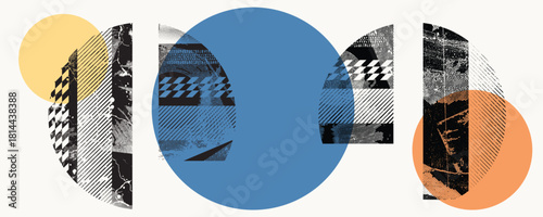 Glitch distorted circles . Noise destroyed logo . Trendy defect error shapes . Glitched frame .Grunge textured . Distressed effect .Vector shapes with a halftone dots screen print texture. 