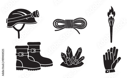 Collection of black silhouette icons for caving and exploration, including a helmet with headlamp, rope, torch, boots, crystals, and gloves