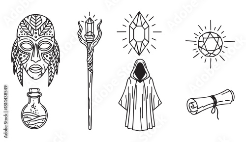 Collection of fantasy role-playing game icons in a minimalist line art style, including a shaman mask, crystal staff, magic potion, ancient scroll, and a mysterious hooded figure
