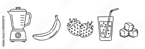 Simple black outline icon collection for a homemade smoothie recipe with a blender, fresh banana and strawberry fruit, ice cubes, and a finished cold beverage in a glass