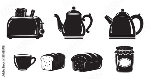 Collection of black and white breakfast food and kitchen appliance icons, including a toaster, kettle, coffee pot, bread, jam, and a cup