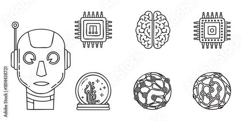Minimalist icon set illustrating concepts of artificial intelligence and technology with a robot, human brain, CPU, and neural network symbols in a clean black line art style