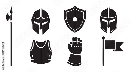 Set of black silhouette icons depicting medieval knight equipment, including a helmet, shield, gauntlet, body armor, halberd, and flag