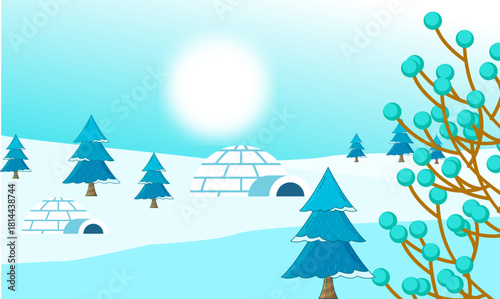 A tranquil vector illustration of a traditional igloo village nestled among fir trees in a vast, snowy arctic landscape under a pale winter sun