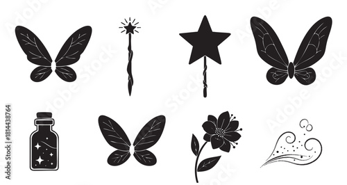 Collection of enchanting black silhouette icons featuring fairy wings, magic wands, a sparkling potion bottle, and floral elements