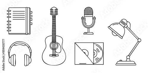 Collection of minimalist black line art icons for music, podcasting, and songwriting, including a guitar, microphone, headphones, notebook, vinyl record, and lamp