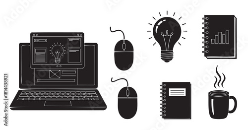 Set of monochrome doodle-style illustrations for a creative workspace concept, featuring a computer, idea lightbulb, chart, and hot beverage