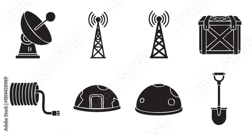 Set of military and communication glyphs featuring a satellite, antenna tower, supply crate, cable, helmet, and shovel, presented as black vector icons