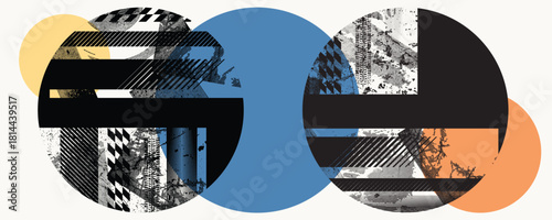 Glitch distorted circles . Noise destroyed logo . Trendy defect error shapes . Glitched frame .Grunge textured . Distressed effect .Vector shapes with a halftone dots screen print texture. 