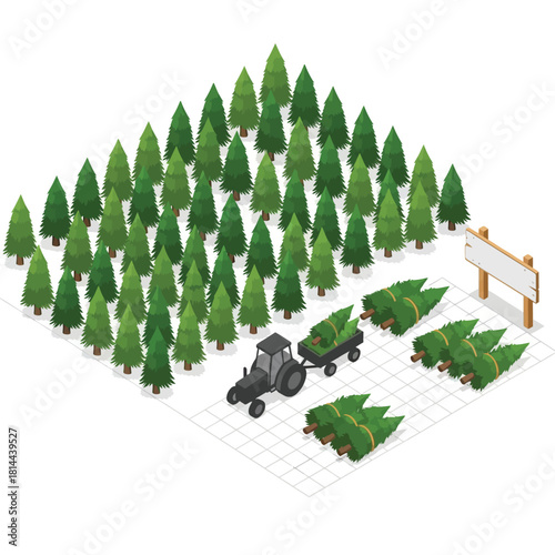 Isometric illustration of a festive Christmas market in a snowy village setting with stalls.