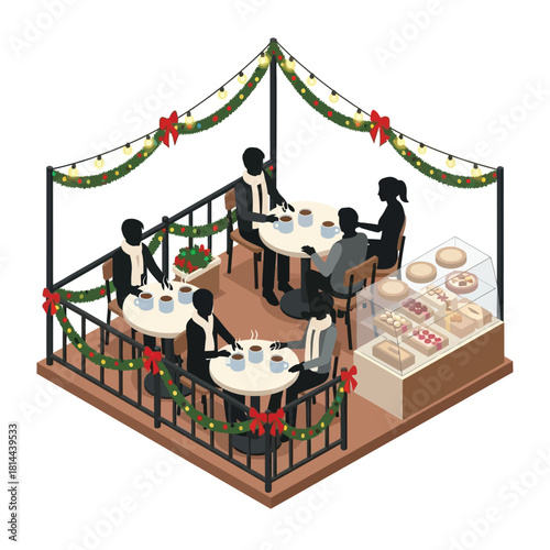 Isometric illustration of people in silhouette socializing at a festive coffee shop decorated for the Christmas holiday.