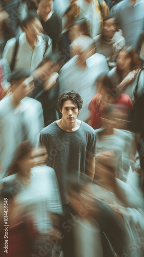 Cinematic shot of a young man in a crowd. Muted tones, atmospheric urban scene, Asia setting