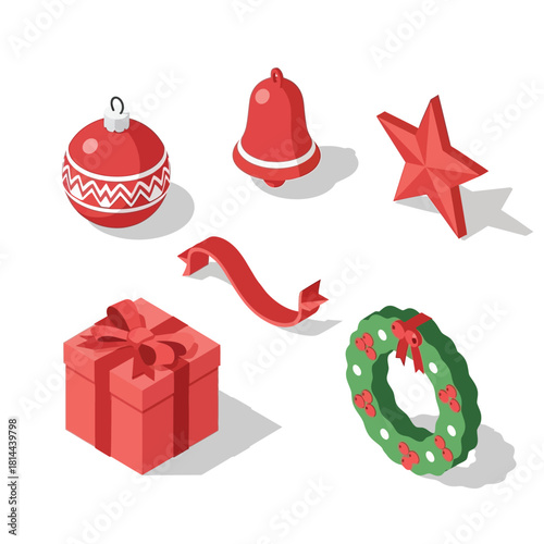 A collection of isometric 3D Christmas decorations including a gift, wreath, star, and bell.