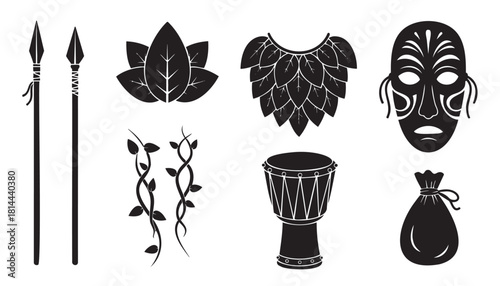 Graphic set of tribal objects in a black silhouette style, featuring a traditional mask, warrior spears, a hand drum, vines, and leaf clothing on a clean white backdrop