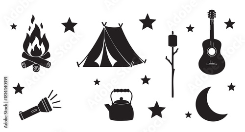 Collection of black silhouette icons representing camping and outdoor adventure, including a tent, campfire, guitar, and stars
