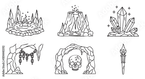 Set of fantasy adventure icons in a minimalist black and white line art style, featuring an erupting volcano, magic crystals, a skull cave, a geyser, and a flaming torch