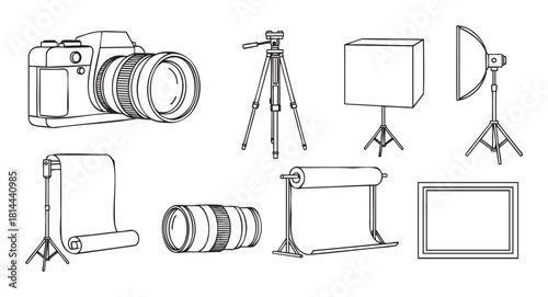 Set of professional photography studio equipment icons, including a camera, lens, tripod, lighting, and backdrops, presented in a clean black and white line art style