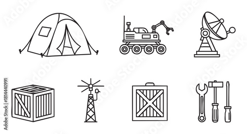 Collection of minimalist outline icons for a space mission theme, featuring a planetary rover, habitat tent, communication antenna, cargo crates, and repair tools on a clean white backdrop
