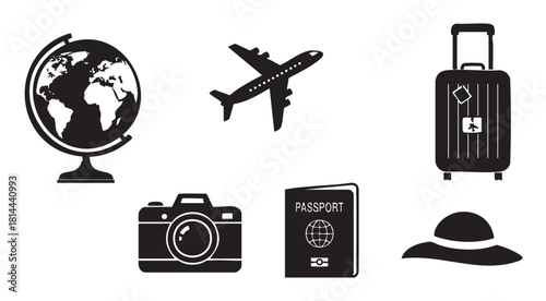 Set of black and white travel-themed icons including a globe, airplane, suitcase, passport, camera, and hat