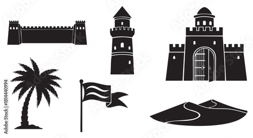 Collection of black silhouette icons depicting a desert kingdom theme with a castle, fortress, palm tree, sand dunes, and a flag