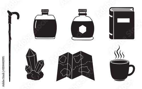 Graphic illustration set of adventurer or wizard items in a simple black silhouette style, including a walking cane, potion bottles, a map, a book, crystals, and a cup
