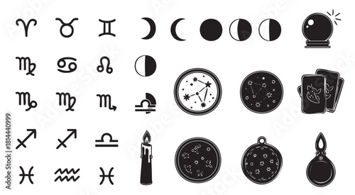 Comprehensive collection of black silhouette icons for astrology and divination, featuring all zodiac signs, moon phases, tarot cards, and a crystal ball