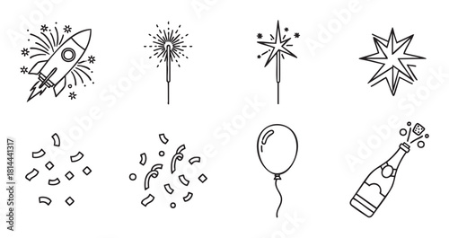 Set of black and white line art icons for celebration, featuring a rocket, fireworks, sparklers, confetti, a balloon, and a popping bottle of bubbly