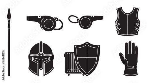 Diverse collection of black silhouette icons representing protection and equipment, featuring a warrior helmet, shield, spear, vest, gauntlet, whistle, and a radiator