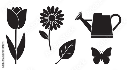 Minimalist black and white icon set featuring garden-themed silhouettes of a tulip, daisy, watering can, leaf, and butterfly