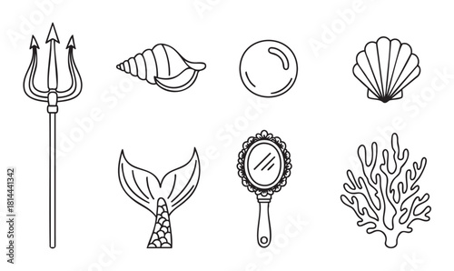 Collection of minimalist black line art icons featuring a trident, mermaid tail, shells, and other fantasy sea elements